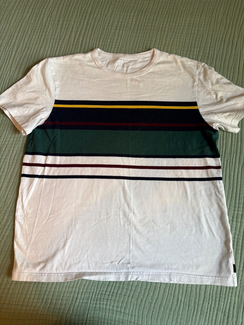 American Eagle Men’s Striped T-Shirt Size Large White Green Burgundy Yellow (Y2K